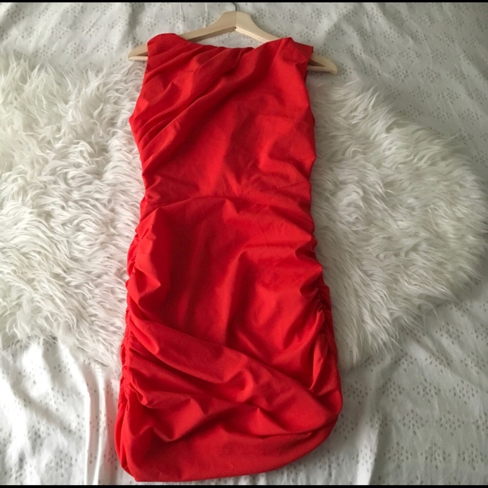Red Ruched Sides Dress - Picture 2 of 8